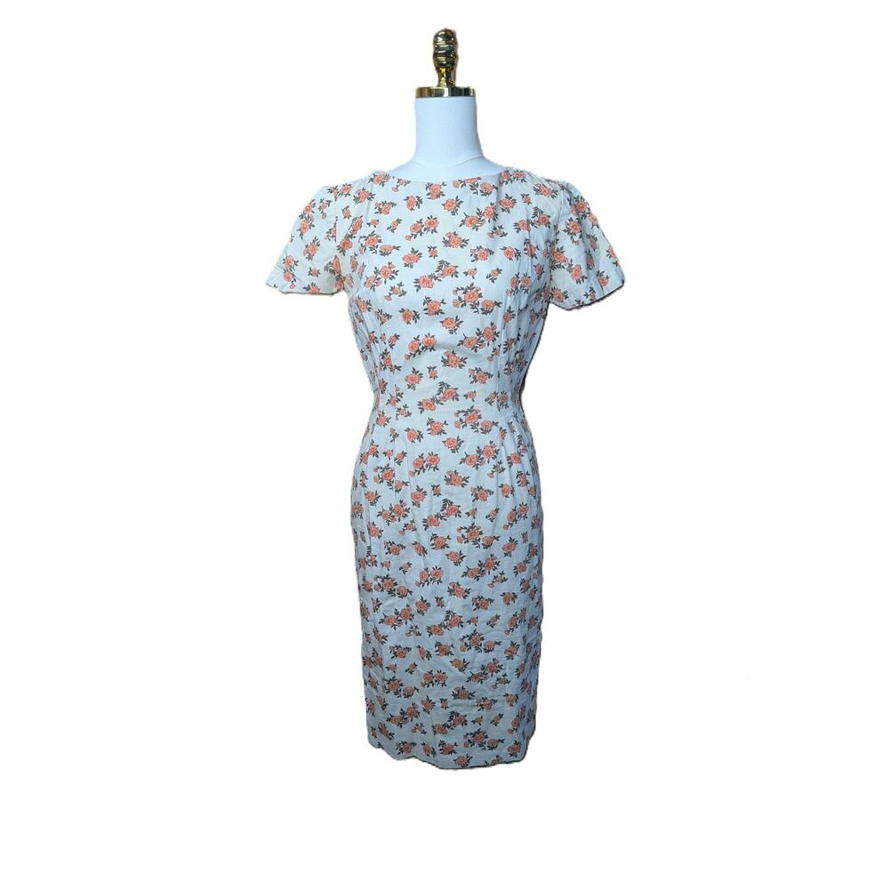 Vintage Dress SIZE XS/SMALL cotton floral ivory orange peach 50s 60s handmade